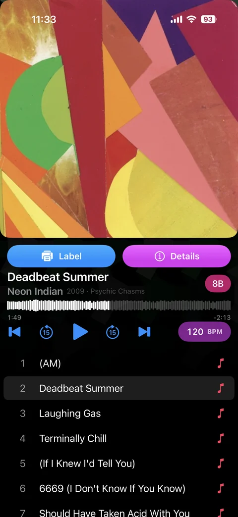 Player with BPM, key, and tracklist