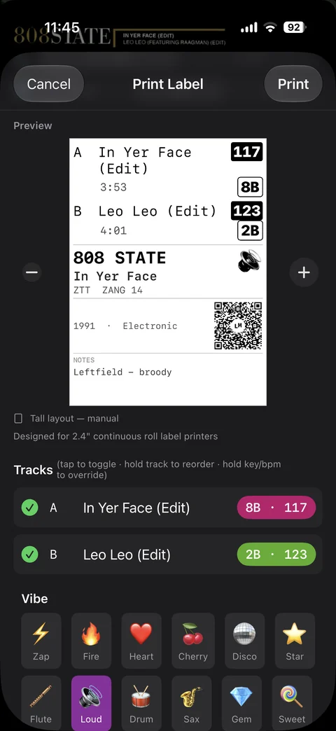 DJ label preview on 2.4-inch roll stock