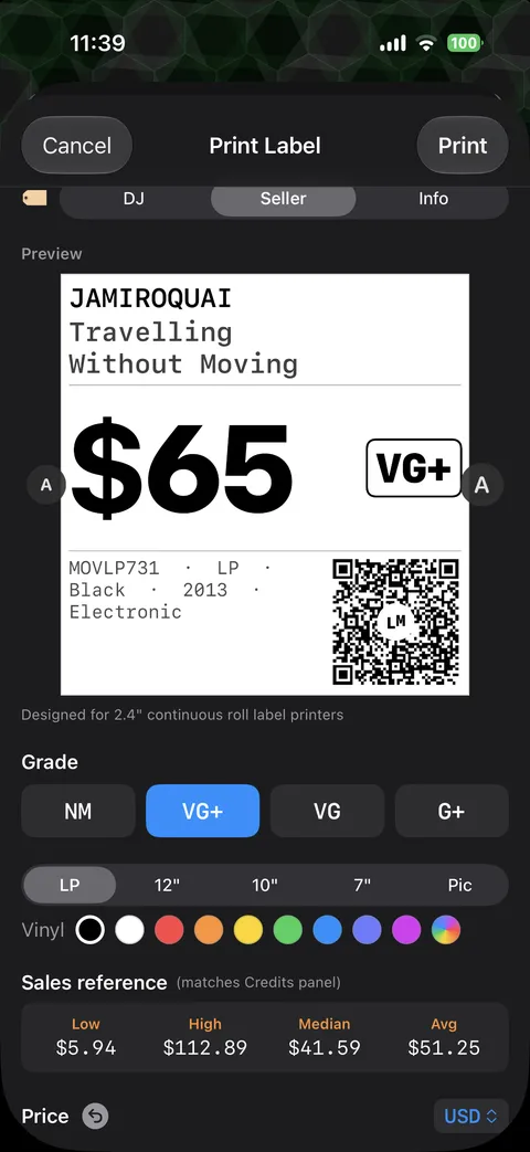 Seller price tag print preview